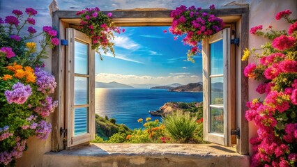 Fototapeta premium Double Exposure: Greek Island Window Flowers, Aegean Sea, Summer Blooms, Floral Photography, Sunshine, Mediterranean, Window View, Greek Landscape