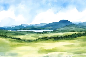 Serene Watercolor Landscape  Mountains  Lake  and Green Fields