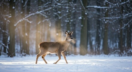 Graceful deer walking through snowy winter forest with sunlit mist