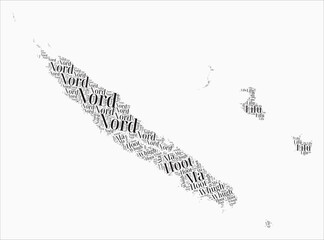 New Caledonia Text Style Regions. Country region names word clouds in the French language. Artistic vector illustration.