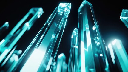 Teal Glass Crystals Abstract Background, Sharp Geometric Shapes, Bright And Dark, Modern Design Optimized For Digital Art Rendering And Graphic Design Projects. Excellent Choice For Product