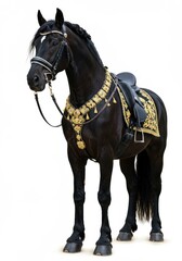Obraz premium Majestic black horse in ornate gold costume against white background