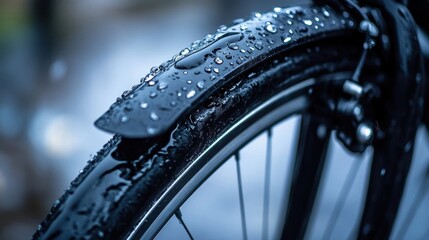 A close up of a bicycle wheel with raindrops on it