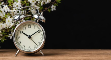 Vintage alarm clock on wooden table with blossoming spring flowers