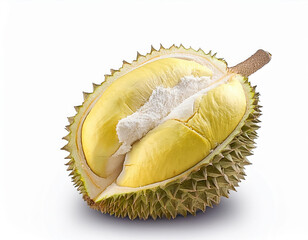 Obraz premium Ripe Durian fruit cut in half isolated on white background. Clipping path.