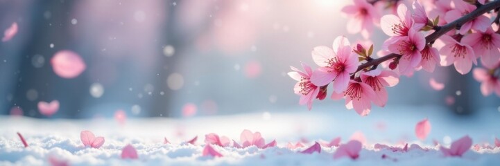Soft pink sakura petals gently fall on a snowy background in a slow motion scene, sakura petals, spring, cherry blossoms