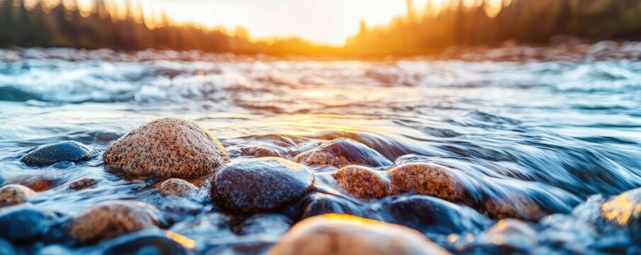 River rapids landscapes twilight concept. A tranquil river scene at sunset, with smooth stones partially submerged in water.