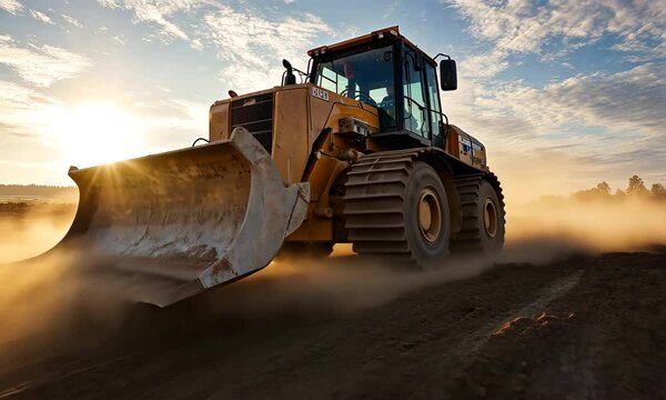 Heavy Machinery Working at Sunset in a Dusty Construction Site with Beautiful Cloudy Sky