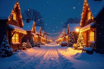 Fototapeta premium Snowy village street at night with festive lights and Christmas decorations , christmas season, snow-covered buildings