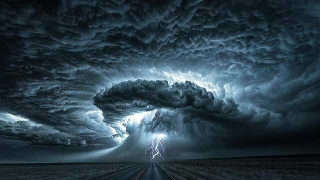 Dramatic lightning strikes illuminate the dark storm clouds over a remote highway at night