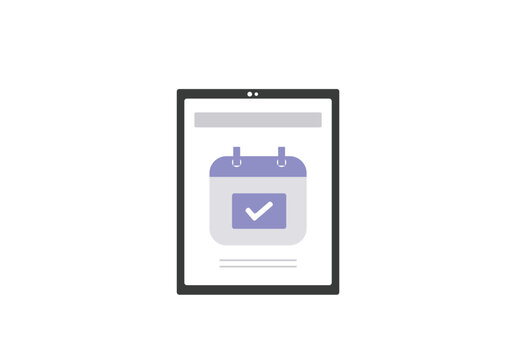 Vector illustration of a digital scheduling and online appointment booking concept. The image features a tablet displaying a calendar icon with a checkmark, representing confirmed bookings