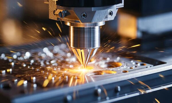 High Precision Laser Cutting Machine Creating Intricate Metal Parts with Sparks in an Industrial Setting