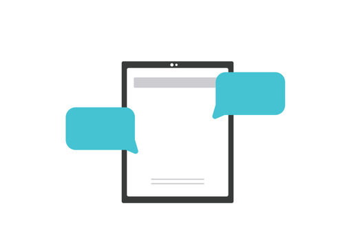 Vector illustration of a tablet with two speech bubbles, representing online communication, chat messages, digital conversation, and mobile messaging. Ideal for concepts related to social media