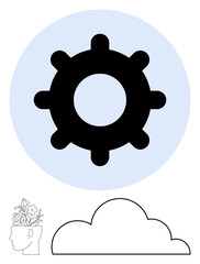 Large black gear symbolizes functionality against a blue circle, paired with a head sprouting flowers and a cloud. Ideal for creativity, innovation, mental processes, productivity, technology