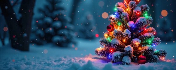 Fototapeta premium Snowy Christmas tree with colorful ornaments and lights, twinkling lights, holiday season