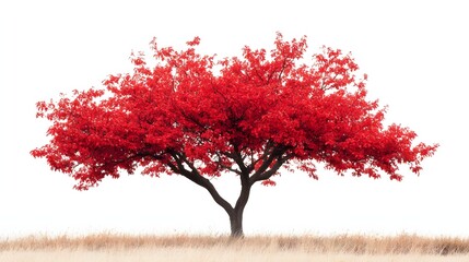 Single tree with brilliant red leaves against a white backdrop
