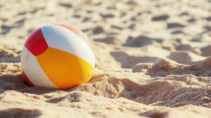 Obraz premium A colorful beach ball resting on sand at the seaside