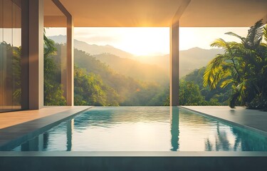 Fototapeta premium Panoramic view of lush tropical landscape and Sunset from the Outdoor Infinity pool of a luxury villa hotel