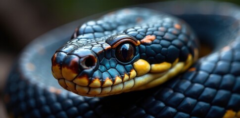 Fototapeta premium Snake's close-up face with dark blue and coppery scales, distinctive head shape and vertical pupils, reptile, , wildlife