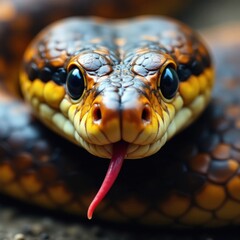 Fototapeta premium Snake's close-up face with piercing eyes and forked tongue, animal, viper snake