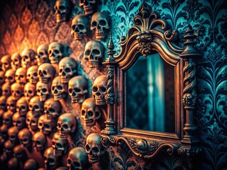 Fototapeta premium Gothic Skull Mirror Reflection - Dark Fantasy Interior Stock Photo