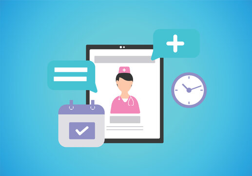 Vector illustration of a digital healthcare and telemedicine concept. The image features a tablet displaying a medical professional in a pink uniform with a stethoscope, symbolizing online doctor