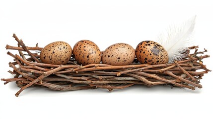 Fototapeta premium Speckled Brown Bird Eggs in Rustic Twig Nest with Feather