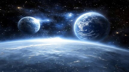 Blue planets and a starry galaxy scene are beautiful to observe