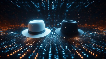 white and black hats against a cyber background. symbolizing white (ethical) and black hat hackers