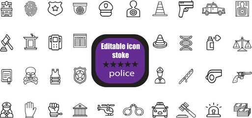  outline icons related to police. Linear icon collection. Editable stroke