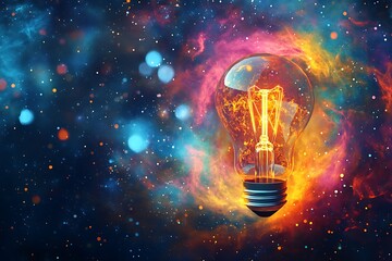Surreal floating lightbulb filled with swirling cosmos and nebulae emanating rainbow light waves and creative energy