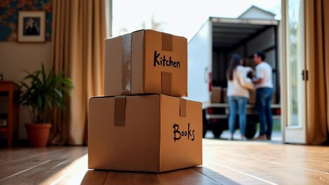Cardboard boxes labeled "kitchen" and "books" on hardwood floor in the foreground, with out of focus young couple carrying boxes and loading moving truck in the blurred background, moving to new home