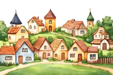 Naklejka premium Charming Watercolor Village Illustration
