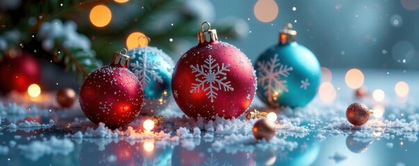 Shiny ornaments on frosty glass , frosty glass, winter wonderland