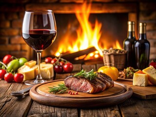 Gourmet Steak Dinner: Cozy Candlelit Meal with Wine & Cheese