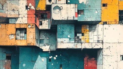 Abstract depiction of an unconventional cubic building with a weathered look