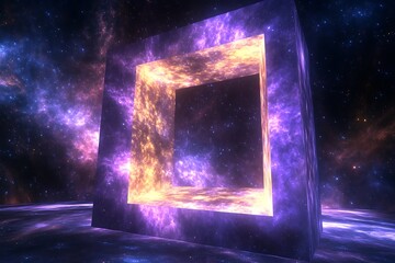 Obraz premium Cosmic portal with swirling violet and gold energy waves glossy obsidian frame starry void beyond electric scifi mystery vibrant otherworldly allure