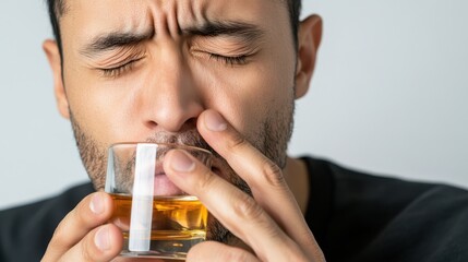 Bearded man holding a brandy snifter with dark liquid in a contemplative state