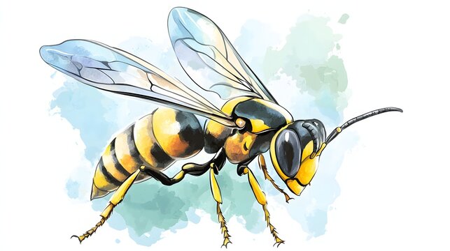 Watercolor illustration depicts a yellow jacket wasp in flight