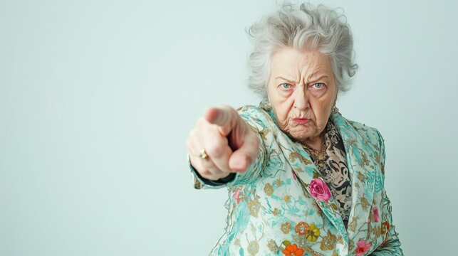 Angry Elderly Woman Pointing Finger &ndash; Authority and Disapproval Concept