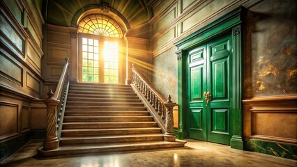 Fototapeta premium Grand Staircase Hallway Sunlight Beams Vintage Green Door Stock Photo