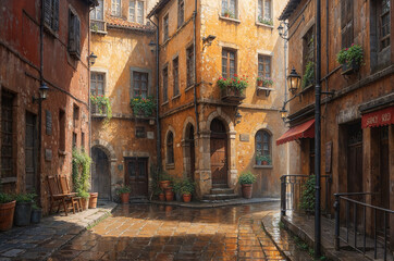 Fototapeta premium European charming alleyway of old vintage stone buildings after light rain