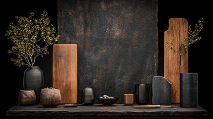 Rustic wooden and dark pottery display