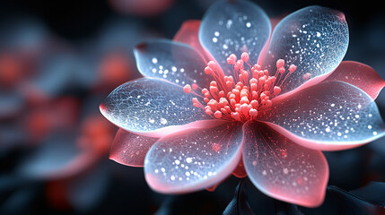 Glowing ethereal flower luminous translucent petals delicate frost blue red bloom dark background surreal botanical fantasy intricate radiant artistic nature elegant dreamlike soft light wallpaper