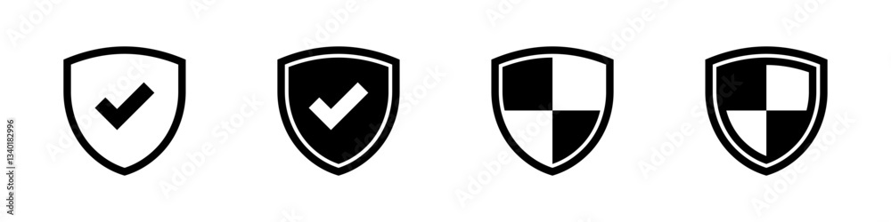 Poster shield check mark icon or security shield protection icon with tick symbol