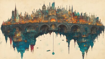 Obraz premium Ornate fantasy city spans above and below a central bridge