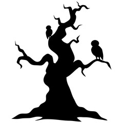 Creepy Halloween Tree Silhouette. Isolated on White Background.