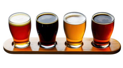 Four tasting beer glasses on wooden tray with transparent background