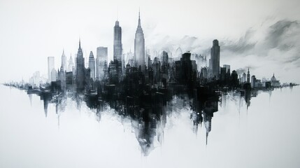 Fototapeta premium Detailed grayscale cityscape impression showcases iconic architectural landmarks and reflections