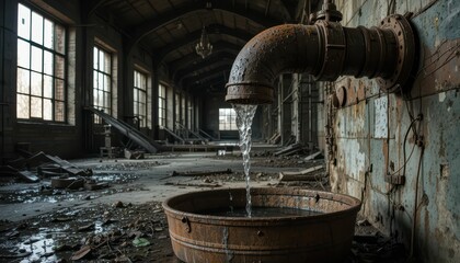 Rusty Pipe Leaking Water in an Abandoned Industrial Building Interior